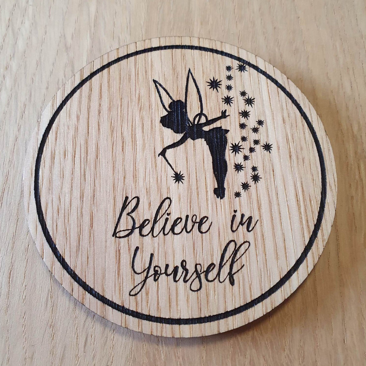 Laser cut wooden coaster personalised. Believe in yourself fairy