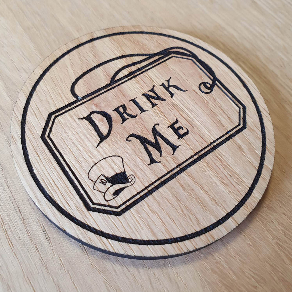 Laser cut wooden coaster personalised. Alice Drink Me