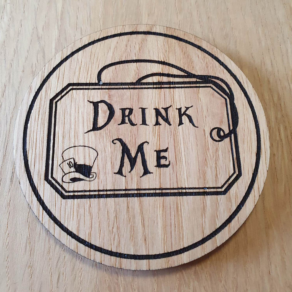 Laser cut wooden coaster personalised. Alice Drink Me