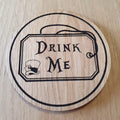 Laser cut wooden coaster personalised. Alice Drink Me