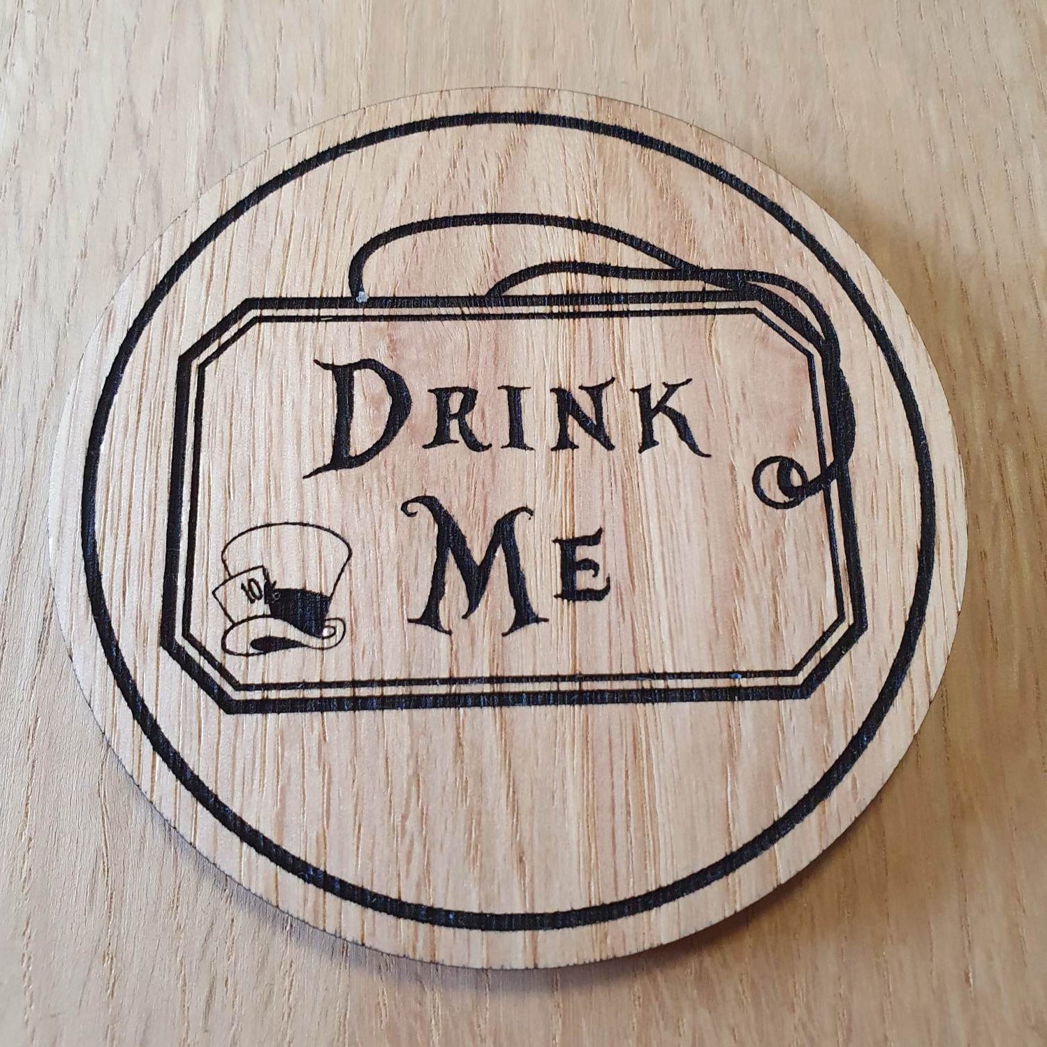 Laser cut wooden coaster personalised. Alice Drink Me