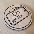 Laser cut wooden coaster personalised. Alice Eat Me