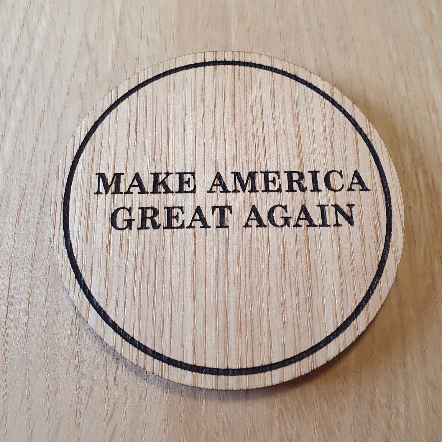 Laser cut wooden coaster personalised. MAGA Make America Great Again