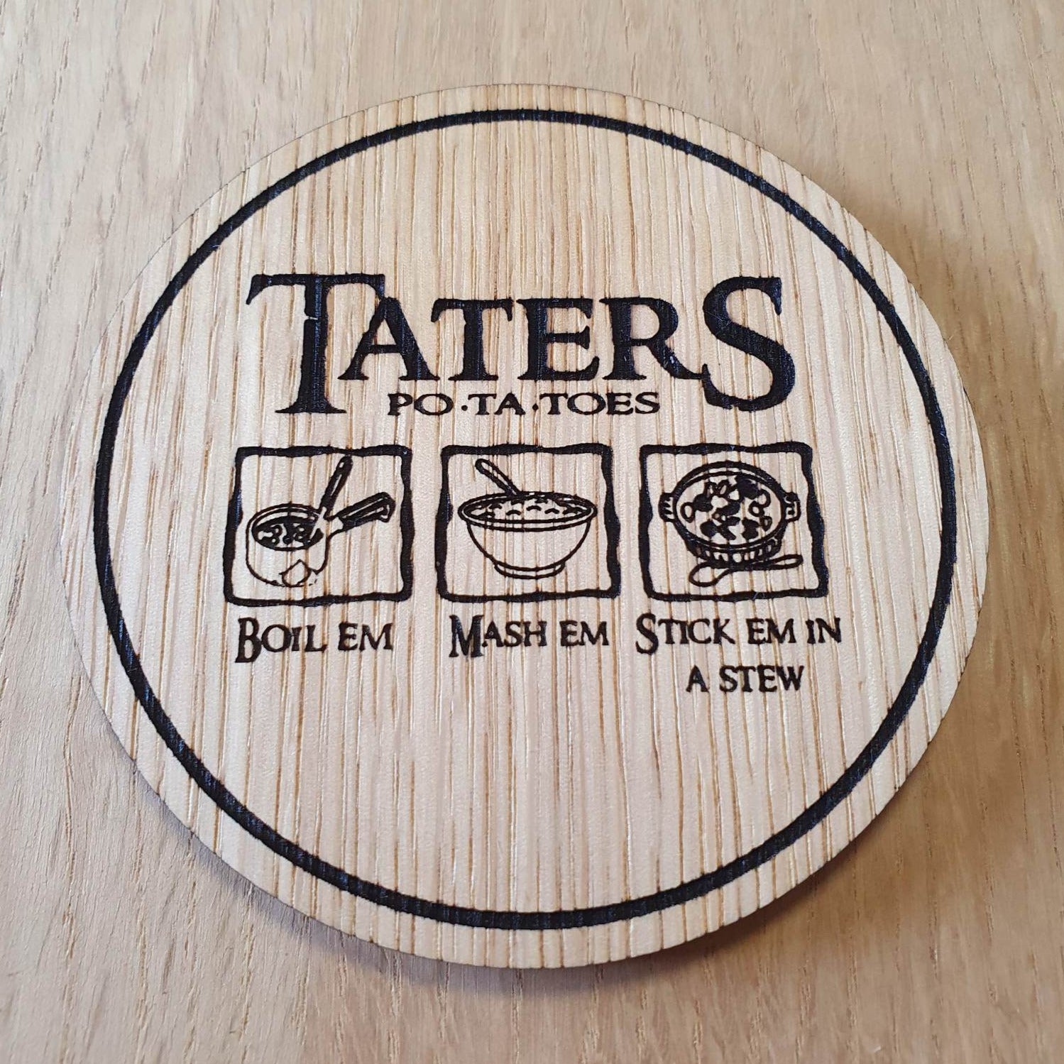 Laser cut wooden coaster personalised. LOTR Taters Recipe