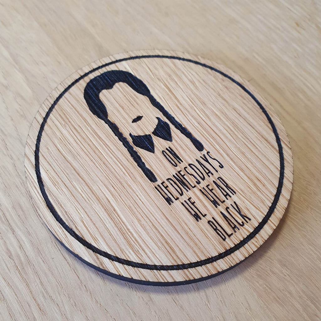 Laser cut wooden coaster personalised. Wednesday wear black