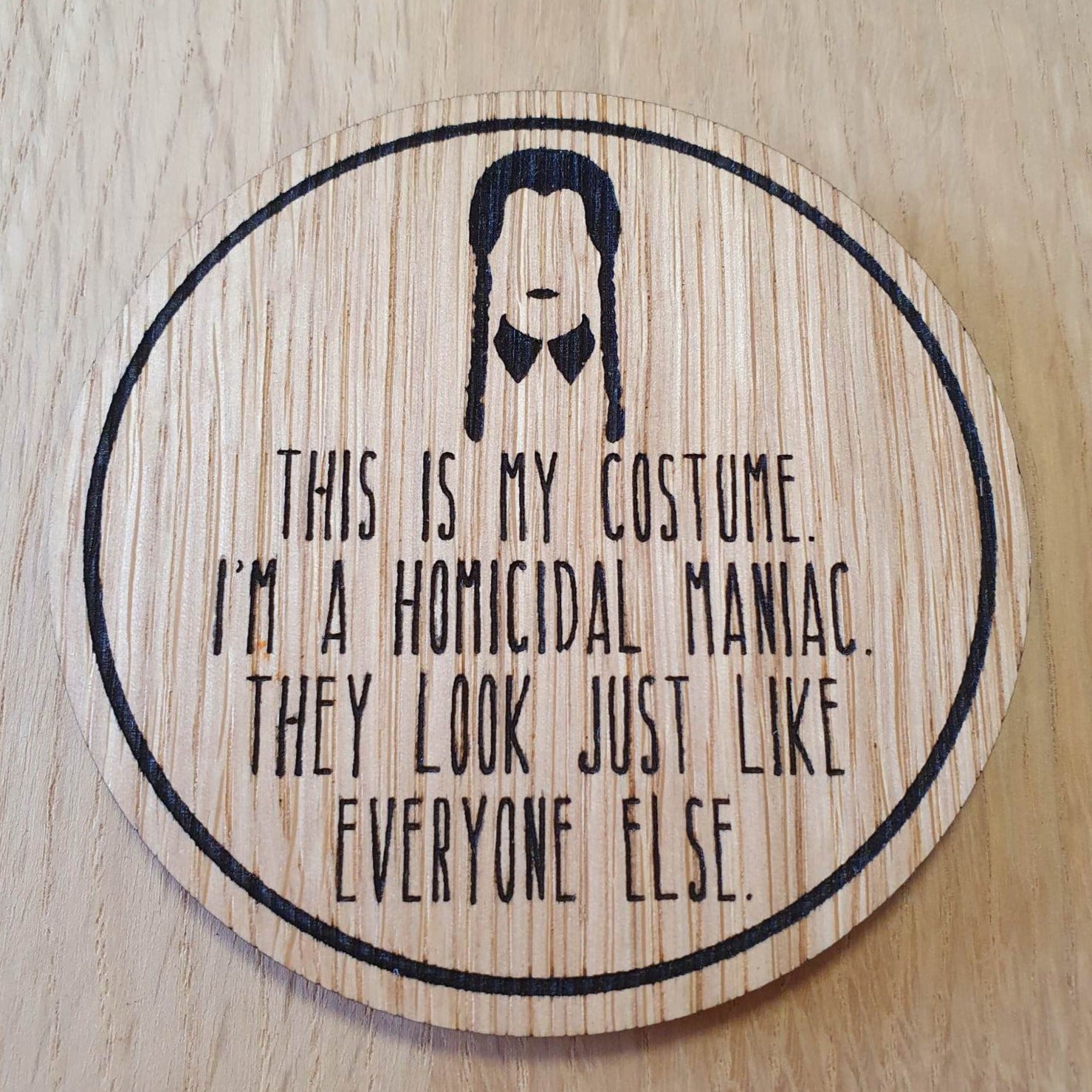 Laser cut wooden coaster personalised.  Wednesday Costume