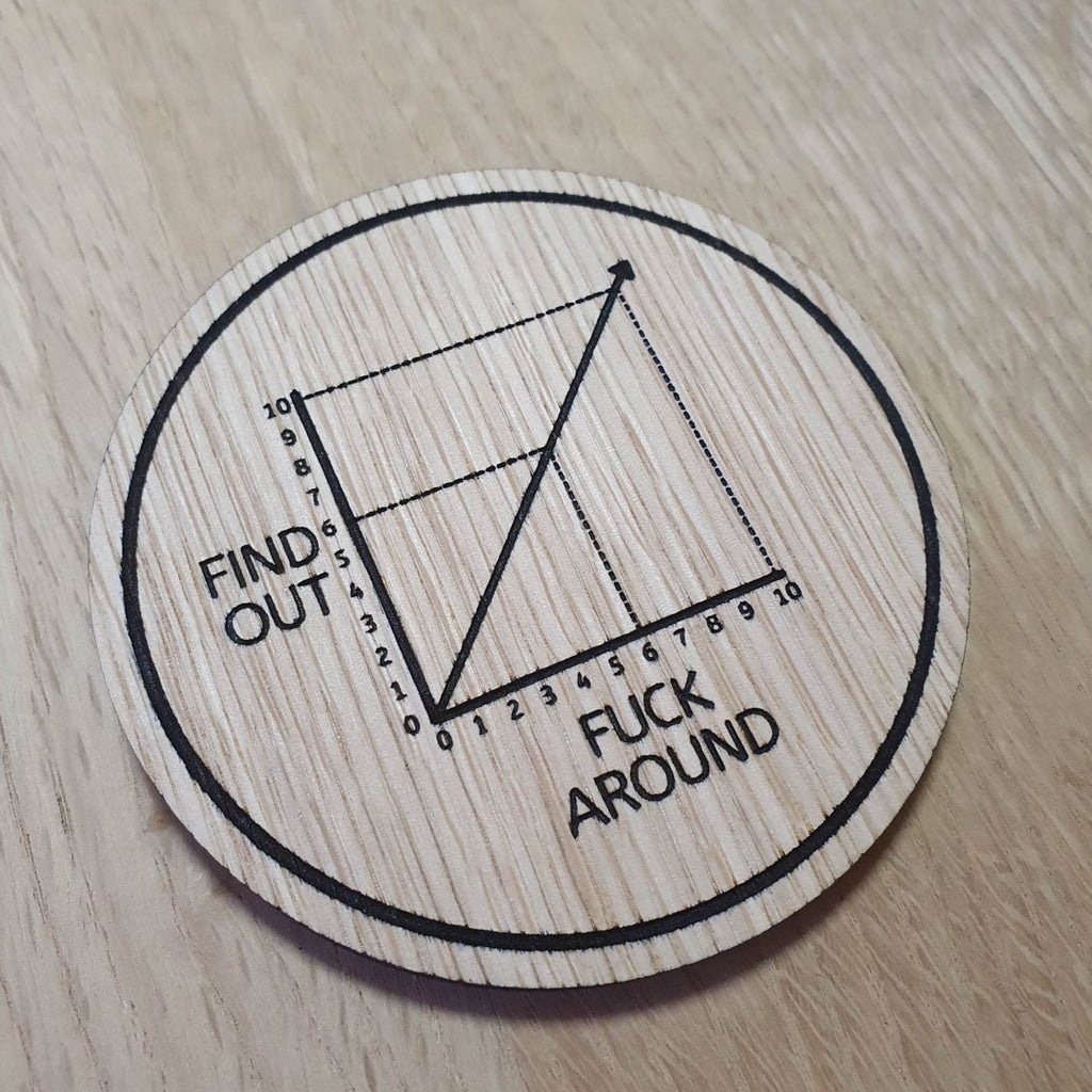 Laser cut wooden coaster personalised. Fuck around find out meme