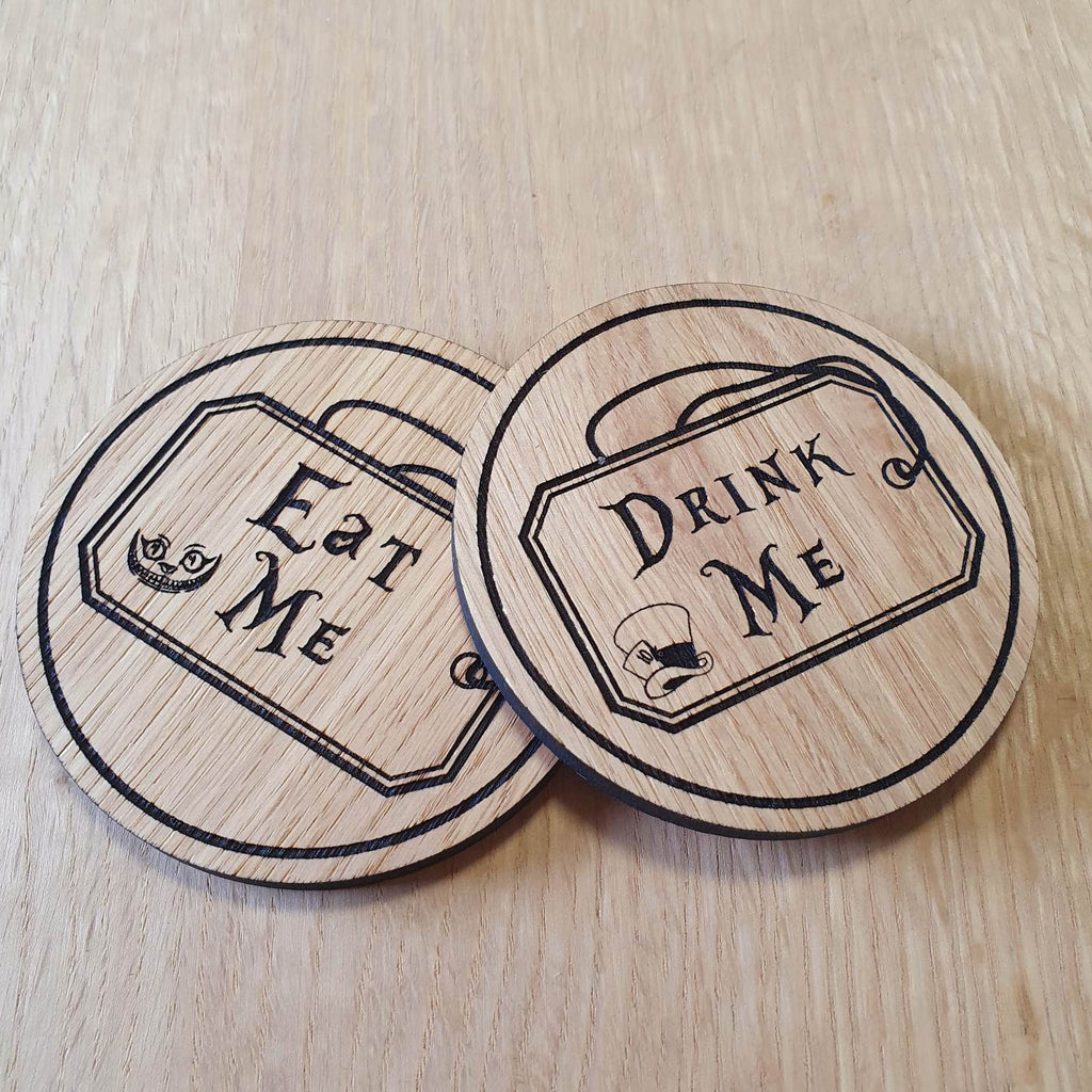 Laser cut wooden coaster personalised. Alice Wonderland Eat Drink Me Double Deal