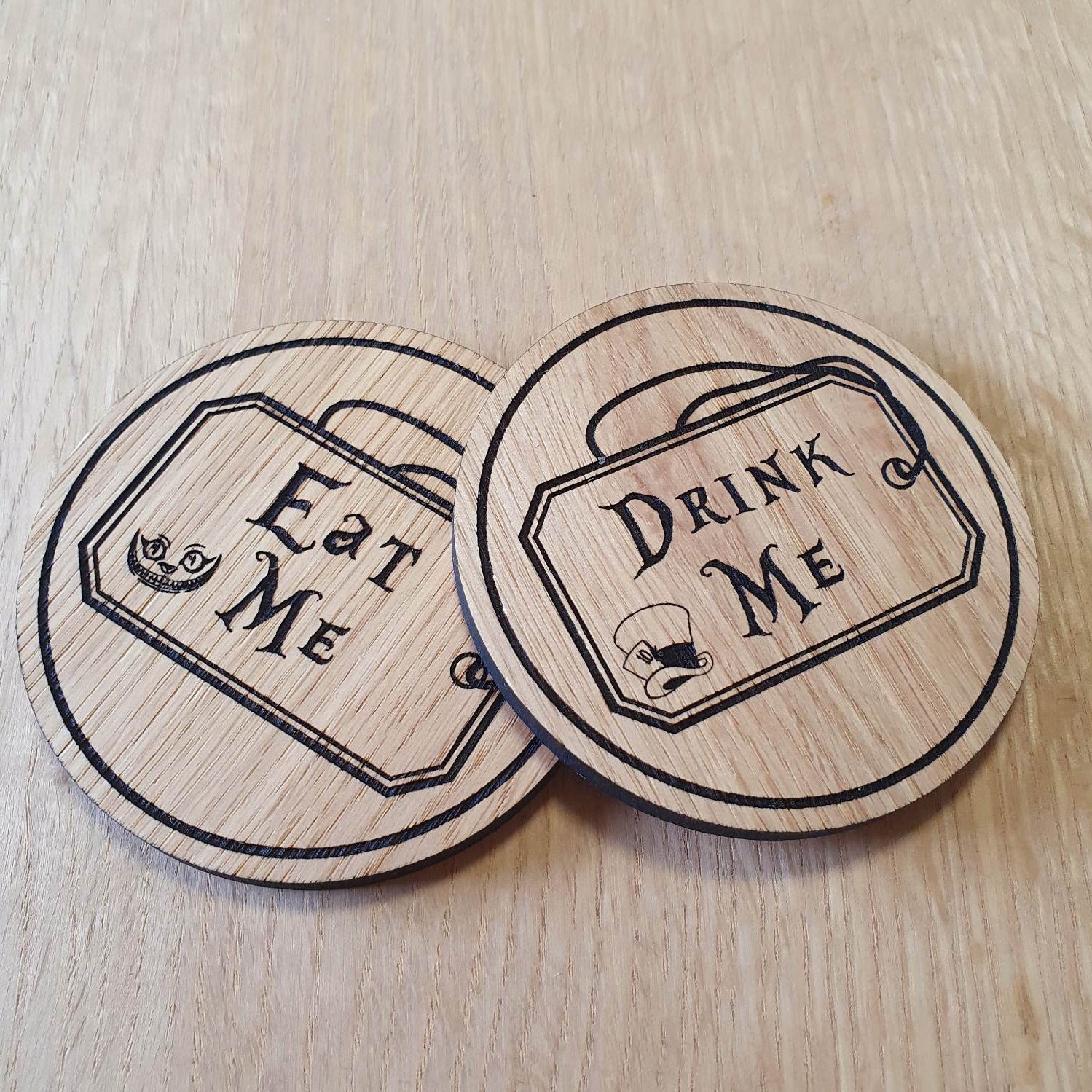 Laser cut wooden coaster personalised. Alice Wonderland Eat Drink Me Double Deal