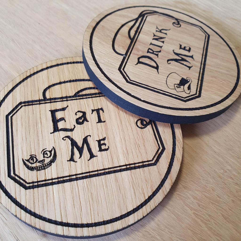 Laser cut wooden coaster personalised. Alice Wonderland Eat Drink Me Double Deal
