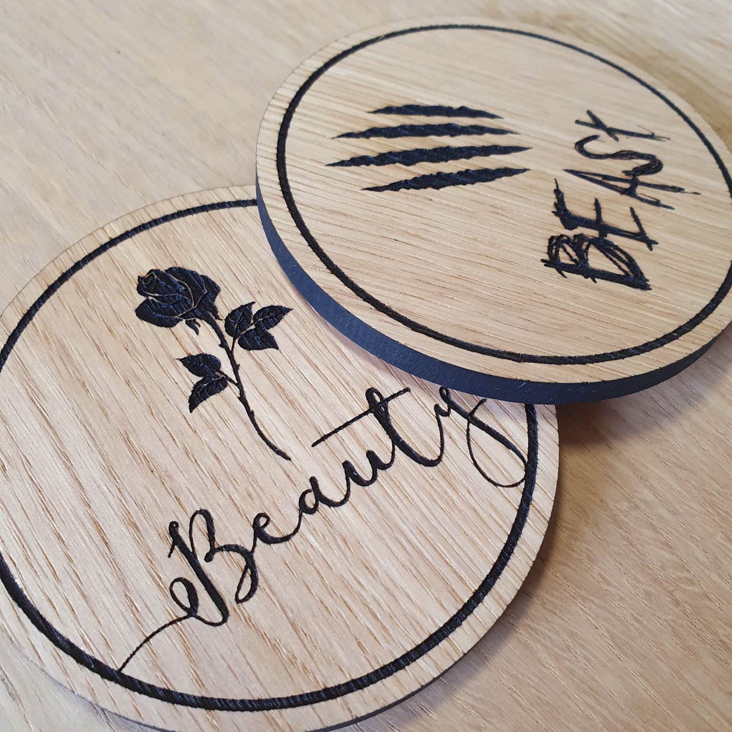 Laser cut wooden coaster personalised. Beast Beauty Double Deal