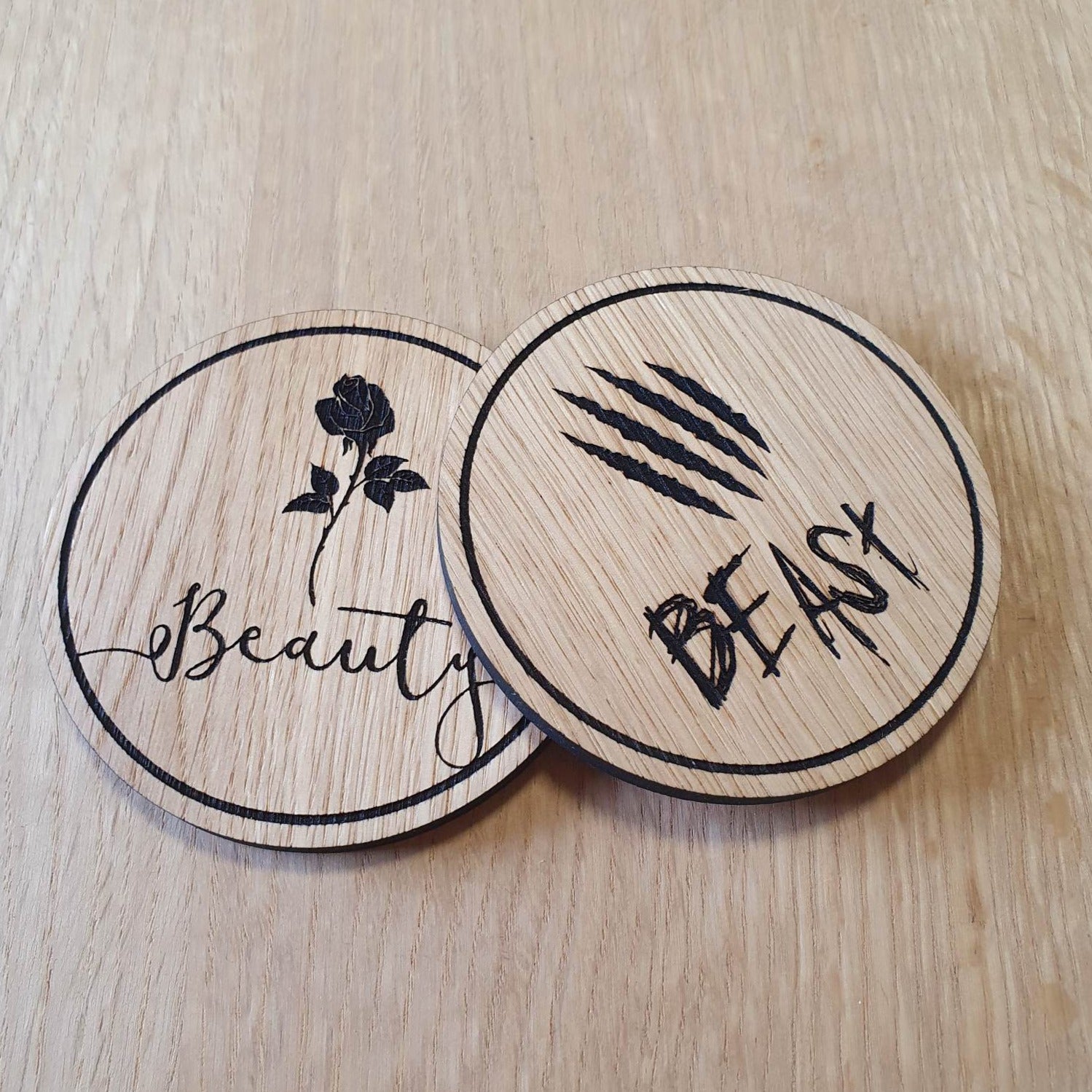 Laser cut wooden coaster personalised. Beast Beauty Double Deal