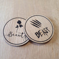 Laser cut wooden coaster personalised. Alice Wonderland Eat Drink Me Double Deal