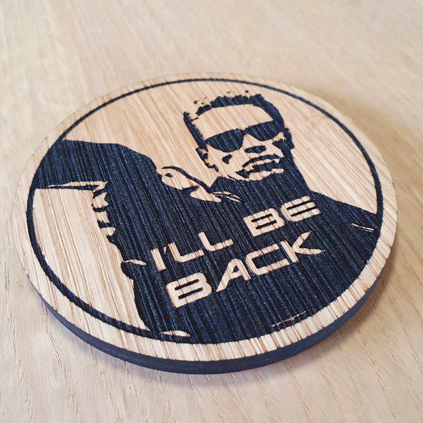 Laser cut wooden coaster personalised. Arnie I'll Be Back