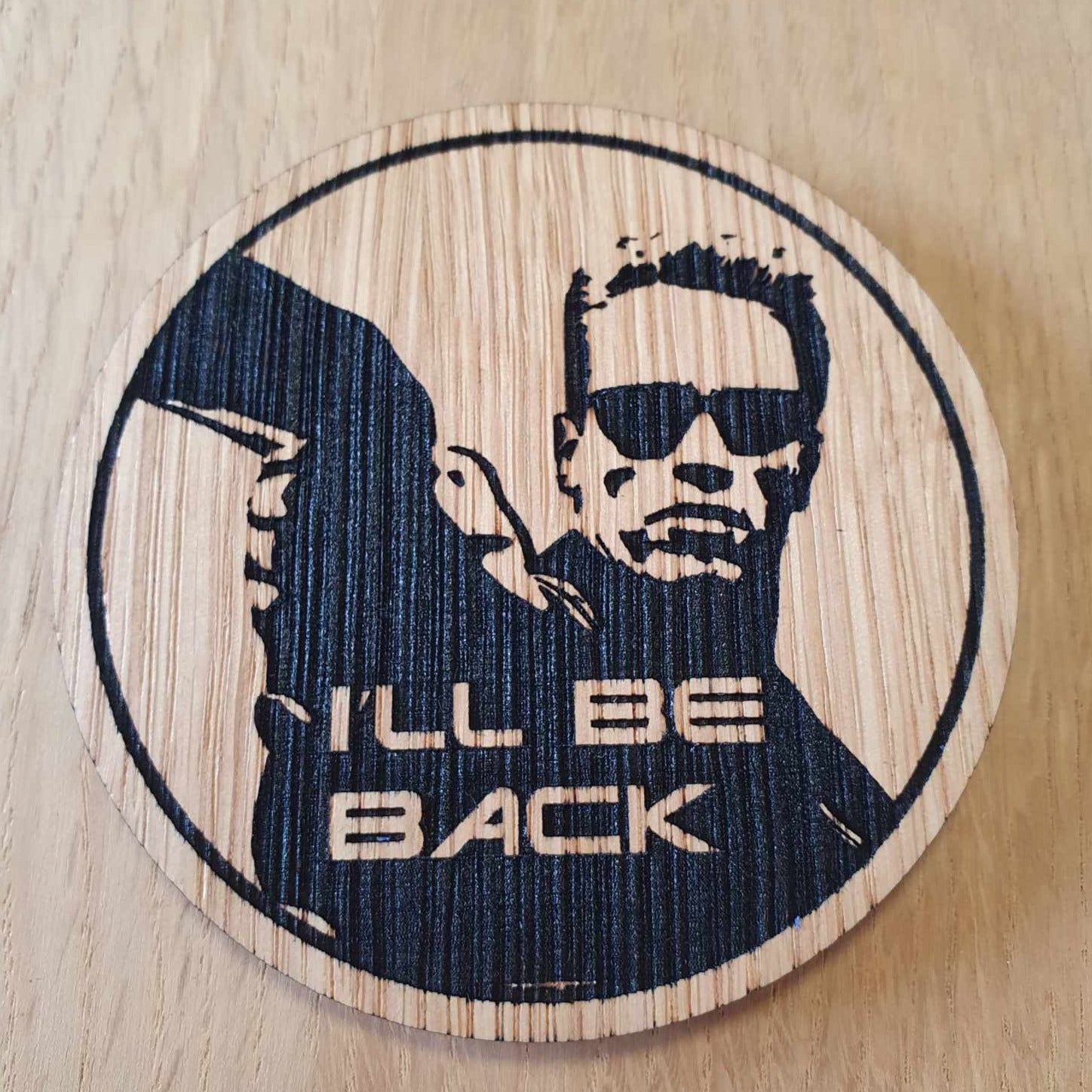 Laser cut wooden coaster personalised. Arnie I'll Be Back