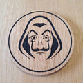 Laser cut wooden coaster personalised. Dali Mask Heist