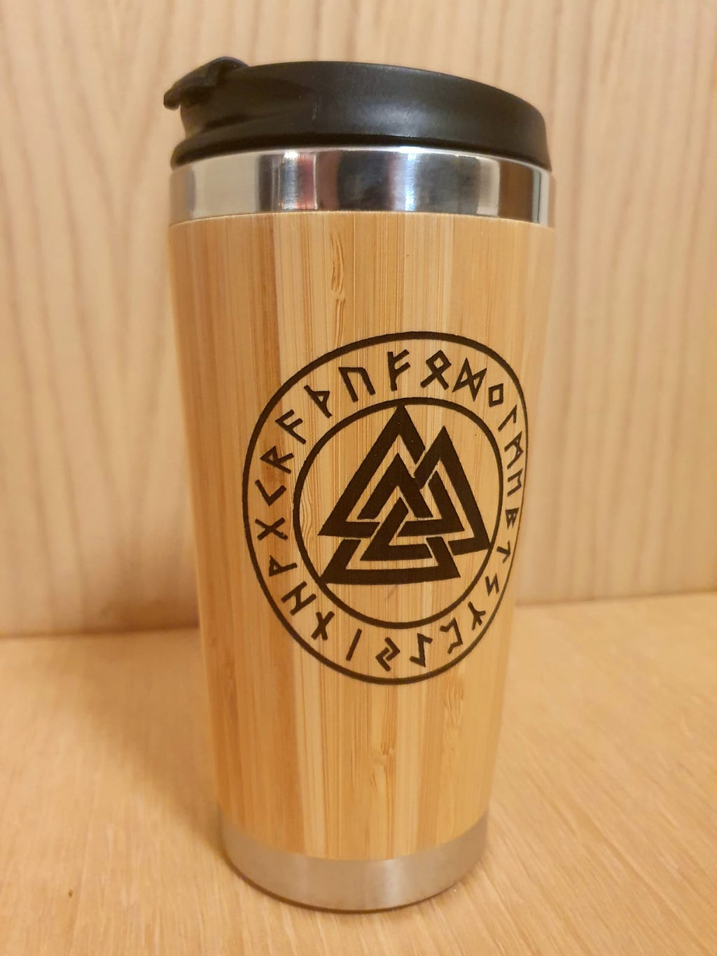 Lasercut Travel Mug personalised - S-Steel with 100% Bamboo exterior  -  Valknut Odins knot ordic Viking