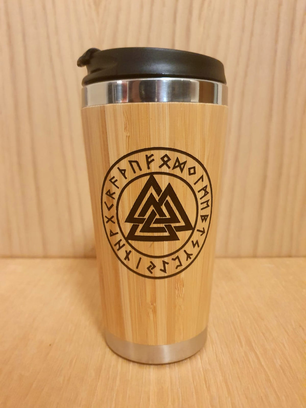 Lasercut Travel Mug personalised - S-Steel with 100% Bamboo exterior  -  Valknut Odins knot ordic Viking