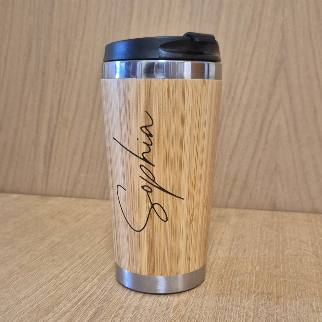 Lasercut Travel Mug personalised - S-Steel with 100% Bamboo exterior  -  Personalise with signature