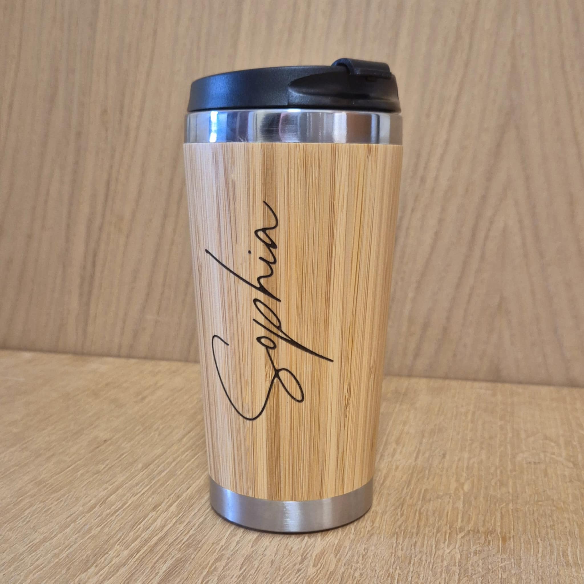 Lasercut Travel Mug personalised - S-Steel with 100% Bamboo exterior  -  Personalise with signature