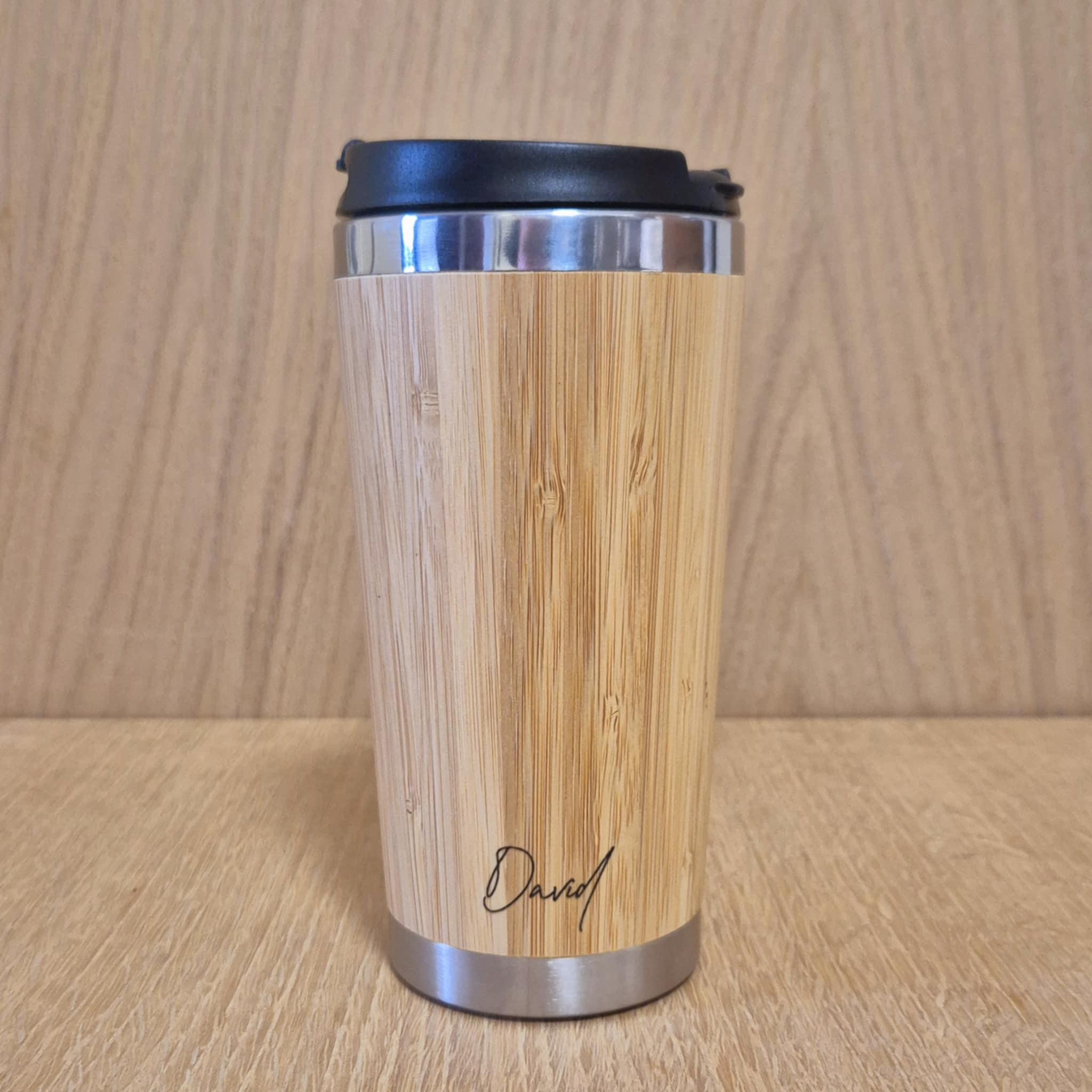 Lasercut Travel Mug personalised - S-Steel with 100% Bamboo exterior  -  Personalise with signature
