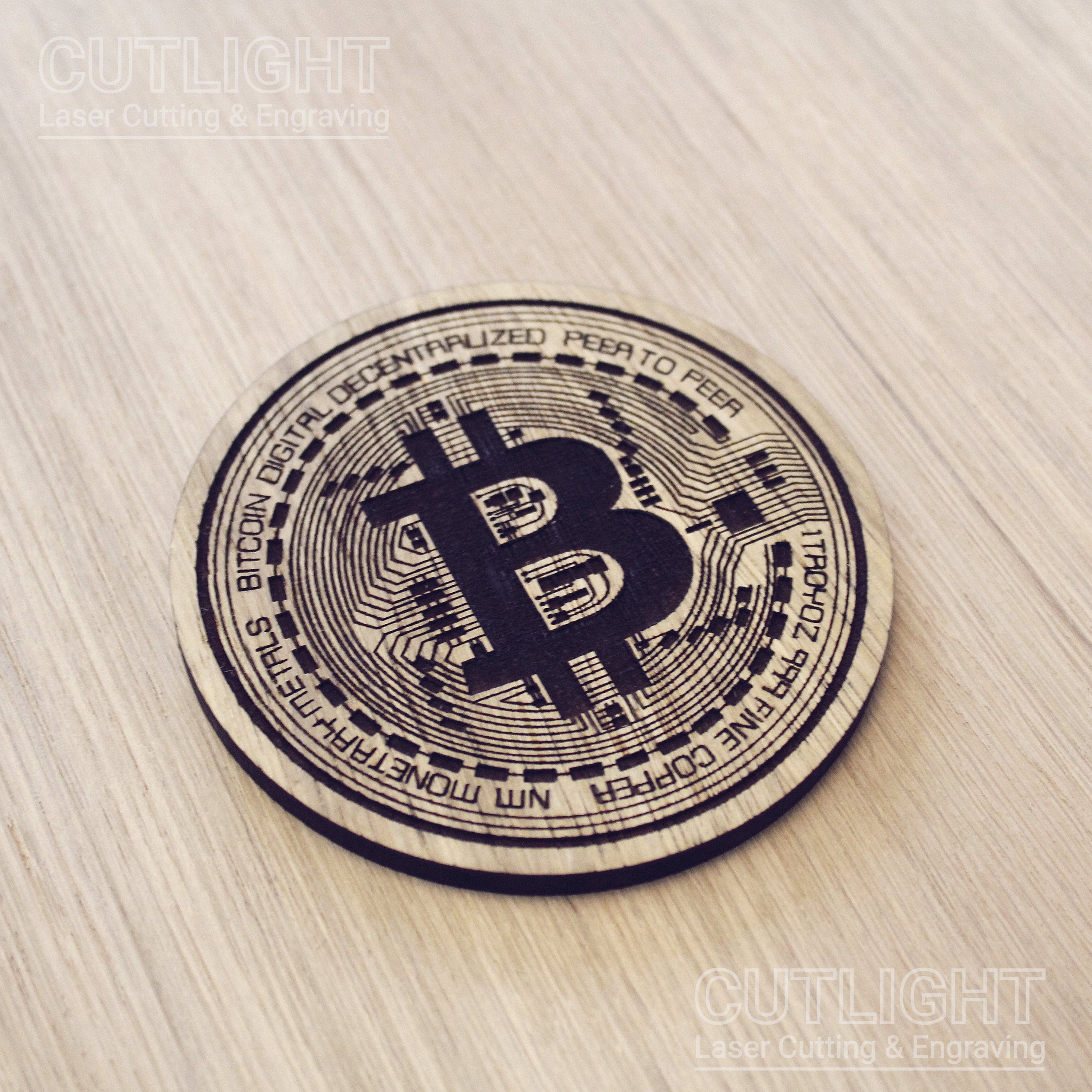 Laser cut wooden coaster personalised. Bitcoin BTC Cryptocurrency