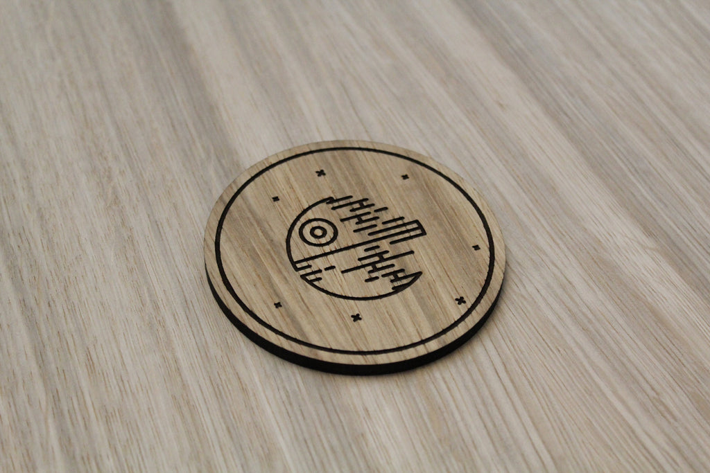 Laser cut wooden coaster personalised. Death Star