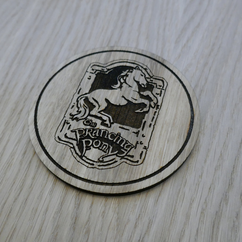 Laser cut wooden coaster personalised. LOTR Prancing Pony