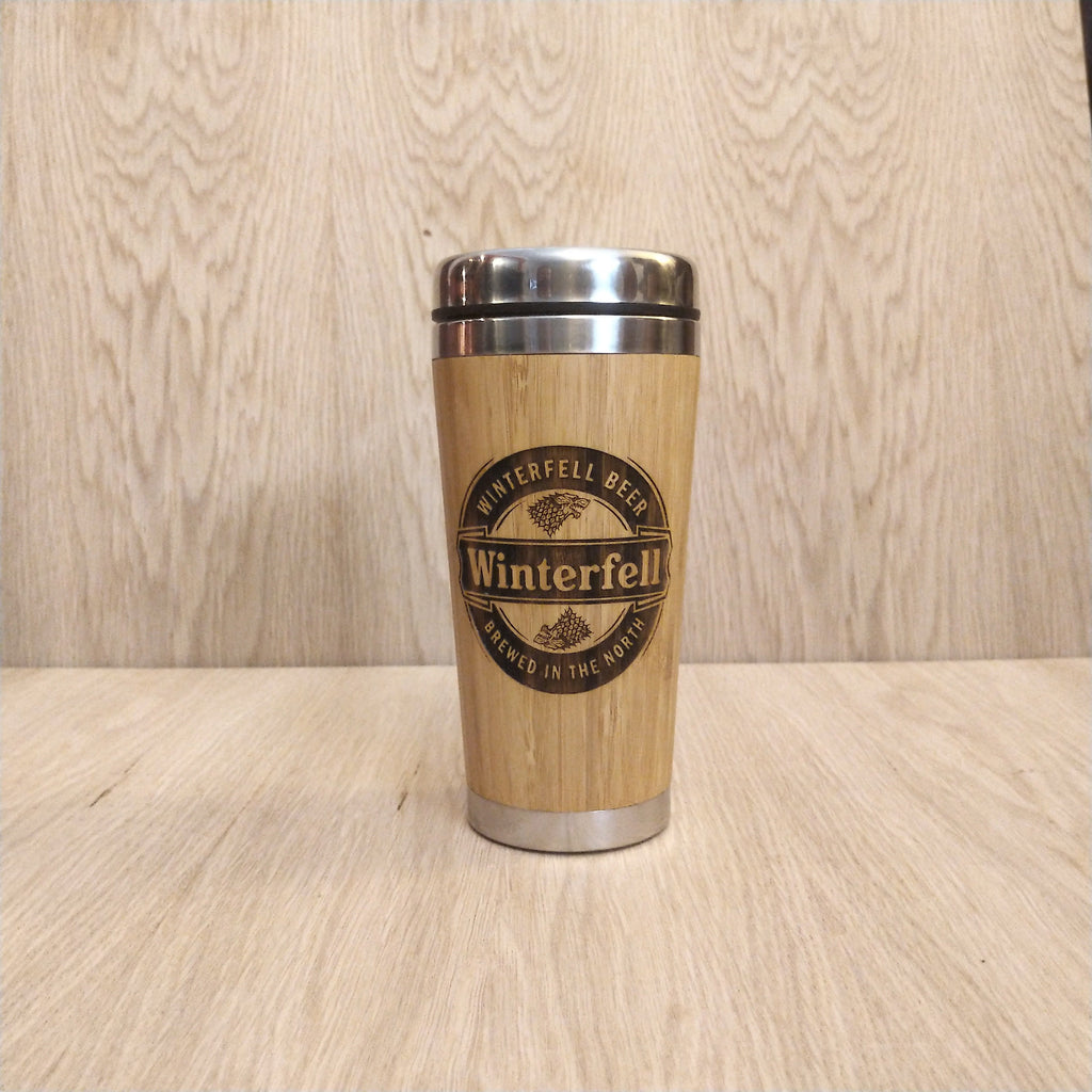 Lasercut Travel Mug personalised - S-Steel with 100% Bamboo exterior - Winterfell Beer