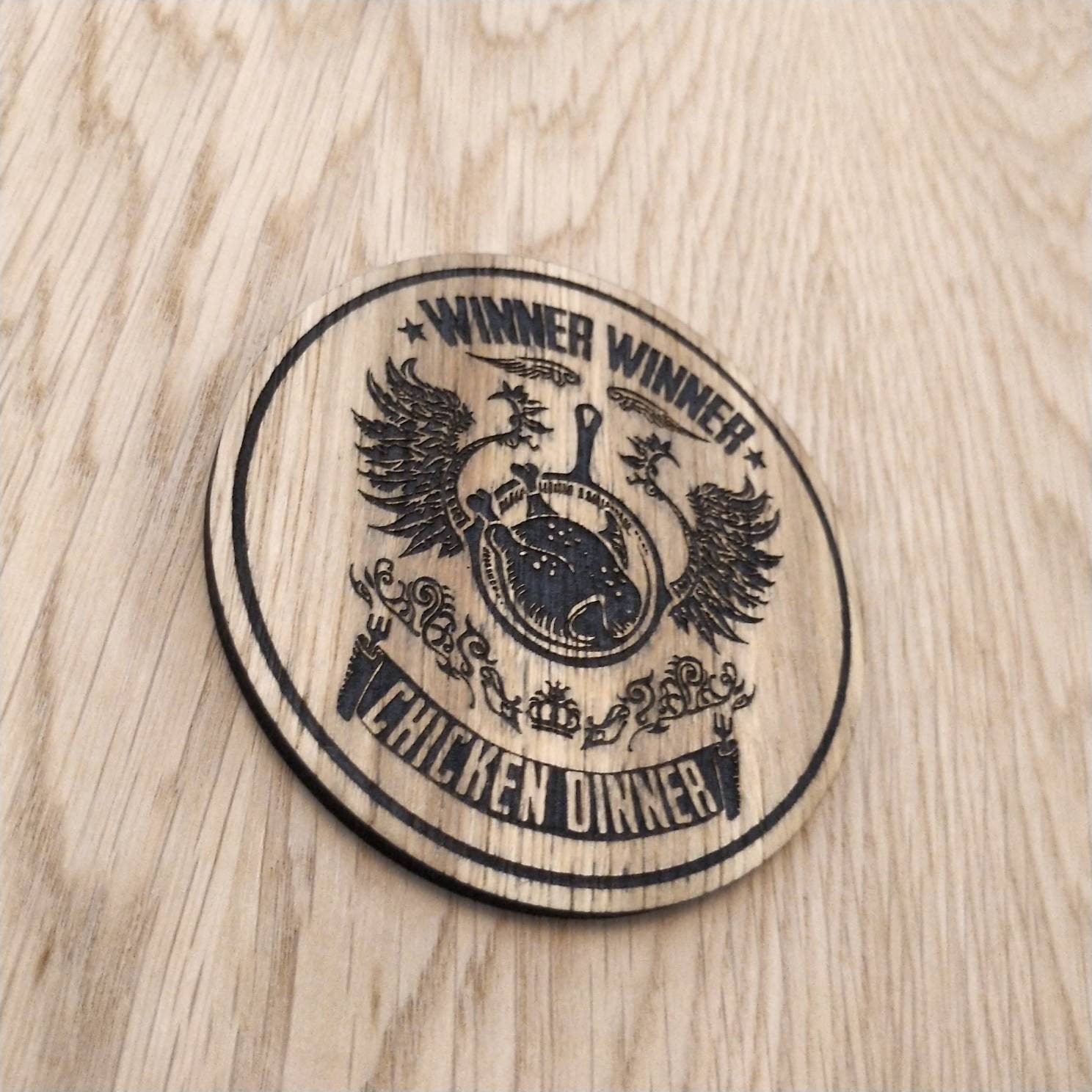 Laser cut wooden coaster personalised. Winner Winner Chicken Dinner