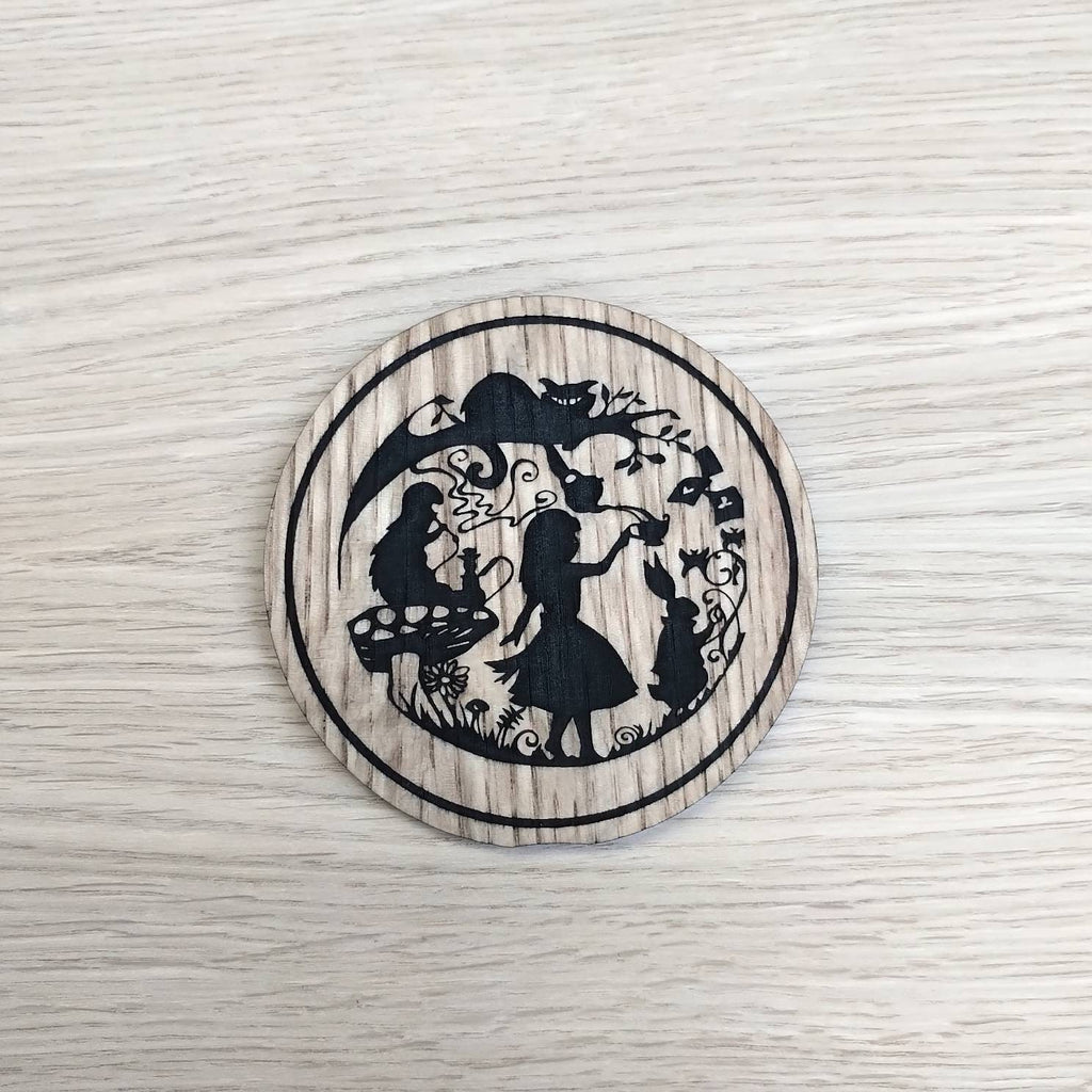 Laser cut wooden coaster personalised. Alice Madness Tea Party