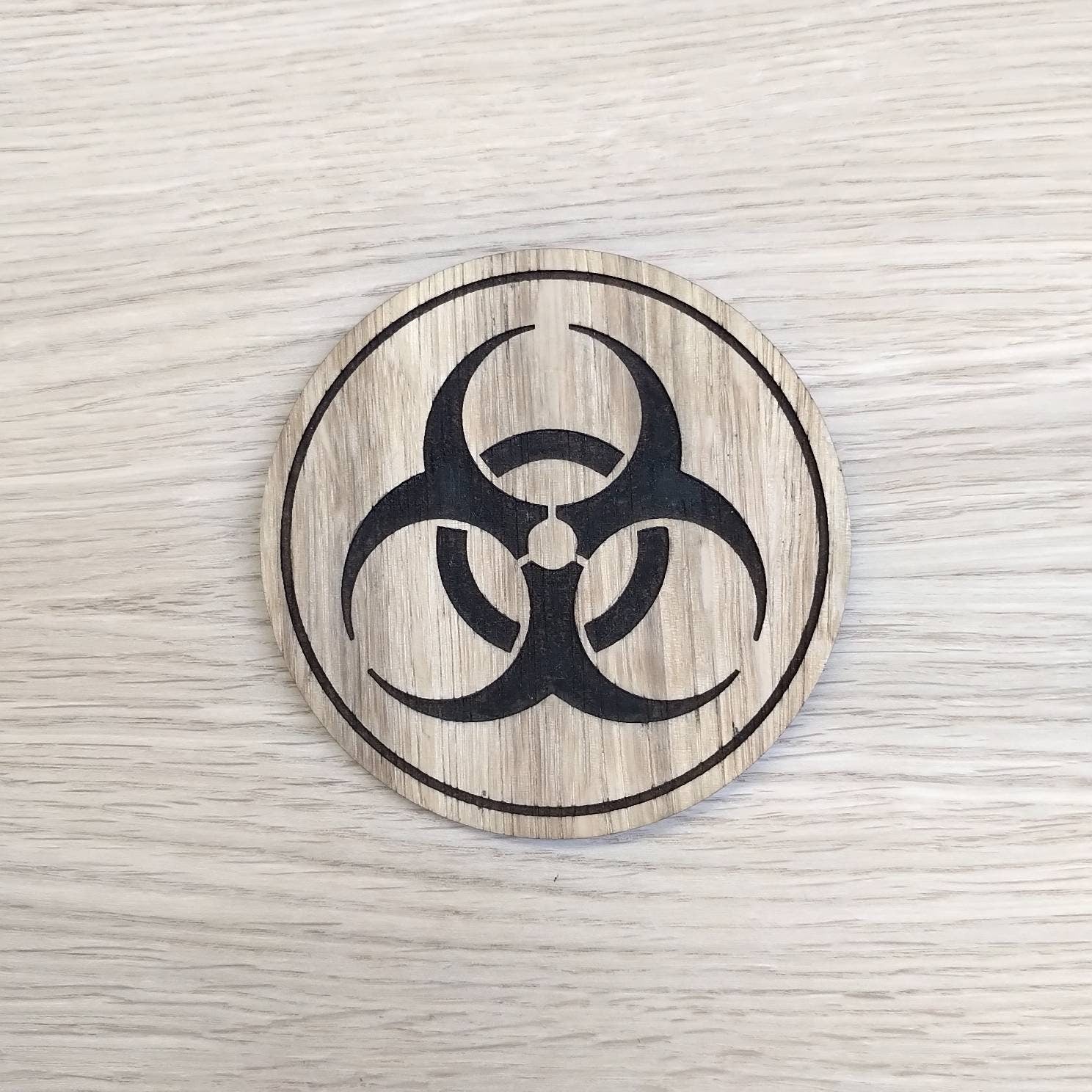Laser cut wooden coaster personalised. Radiation Zombie Outbreak Hazard