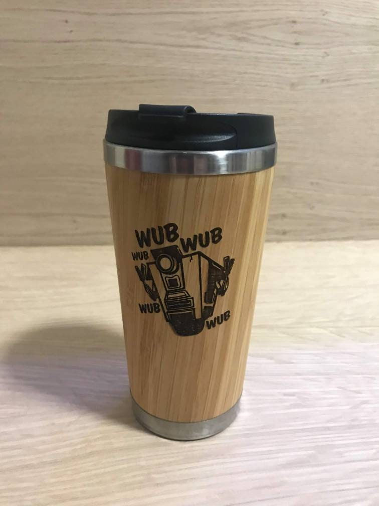 Lasercut Travel Mug personalised - S-Steel with 100% Bamboo exterior - Claptrap dancing. Wub wub wub