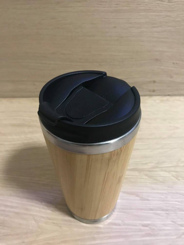 Lasercut Travel Mug personalised - S-Steel with 100% Bamboo exterior - Superhero I love you 3000