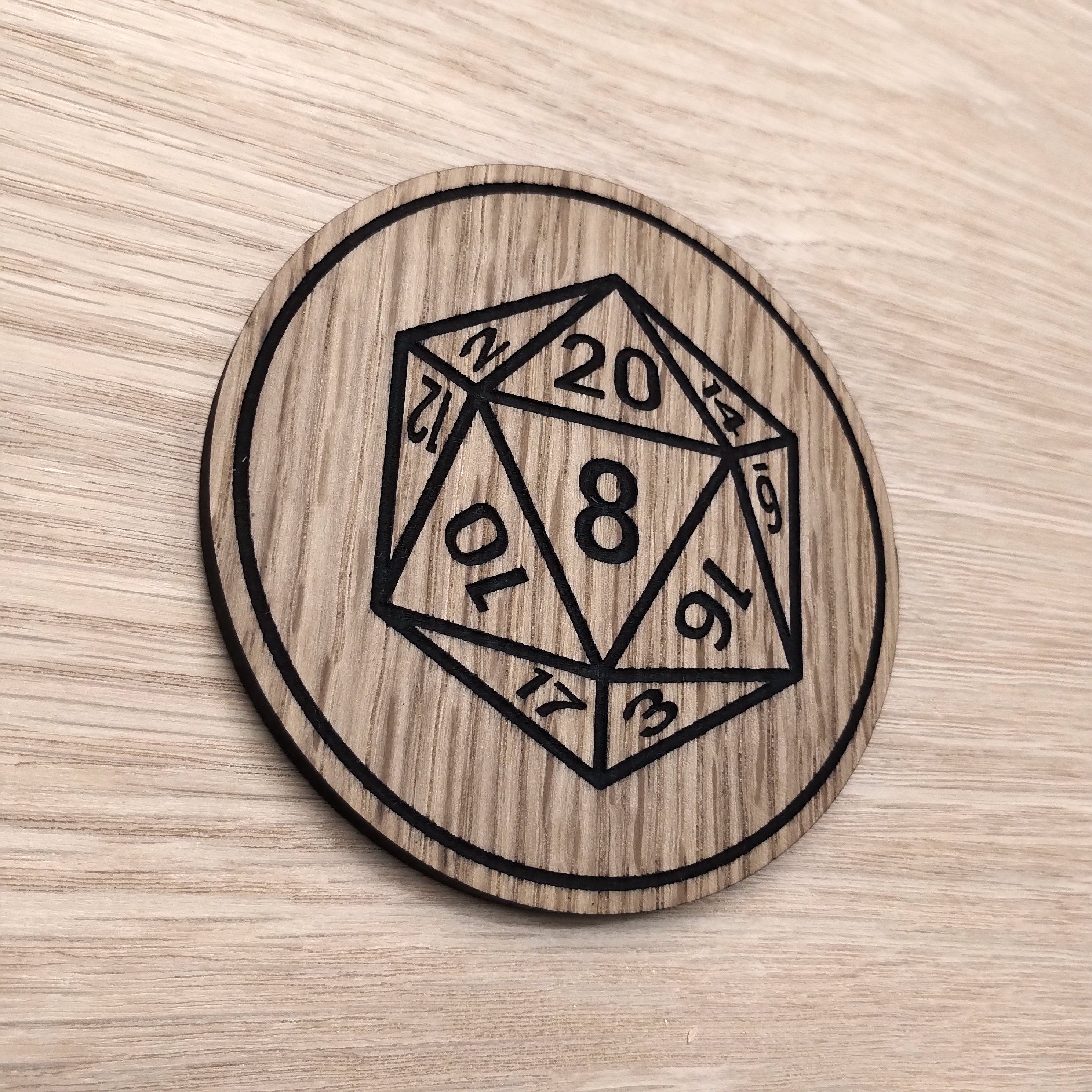 Laser cut wooden coaster personalised. Dungeon master D20