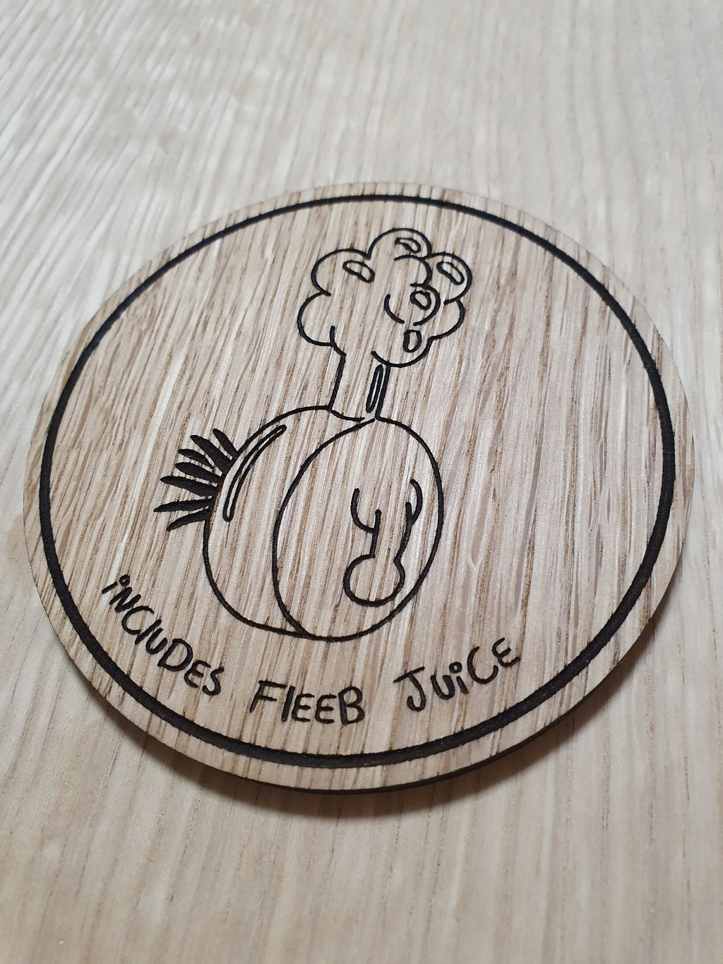 Laser cut wooden coaster personalised. Plumbus Fleeb Juice
