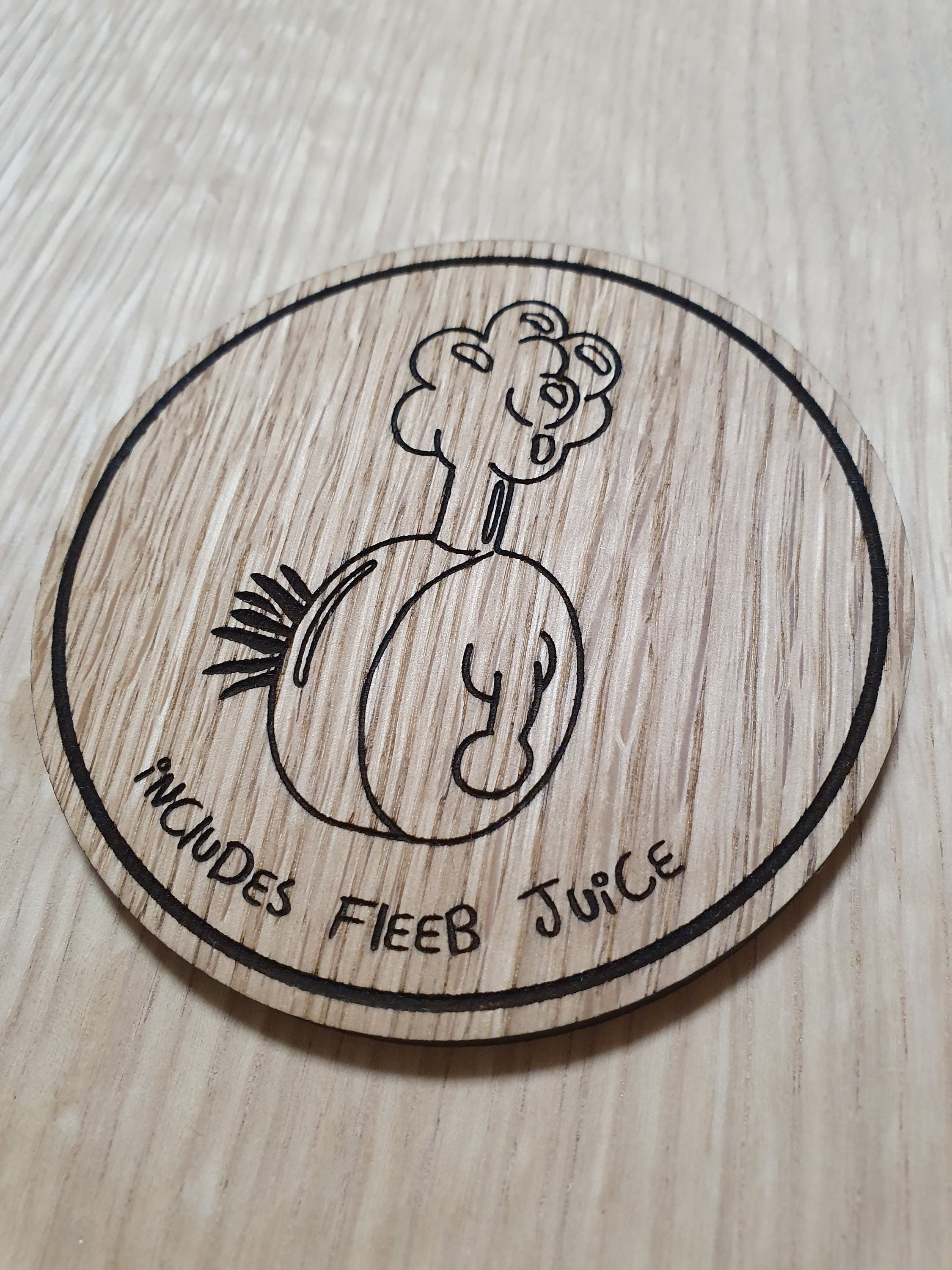 Laser cut wooden coaster personalised. Plumbus Fleeb Juice