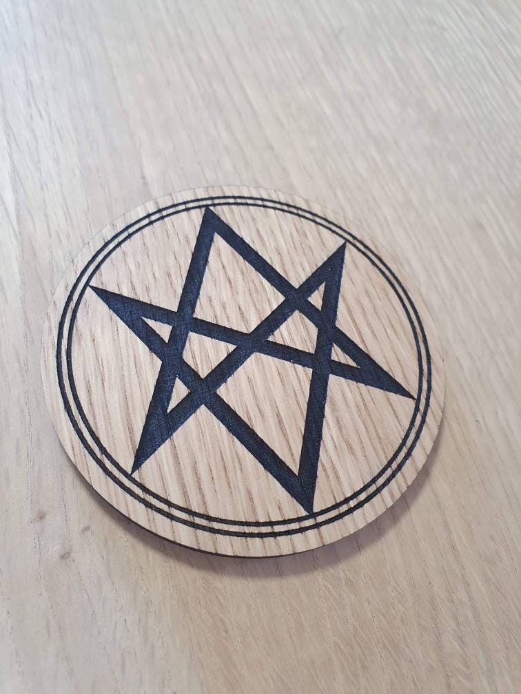 Laser cut wooden coaster personalised. Aquarian Star Unicursal hexagram supernatural lasercut