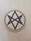 Laser cut wooden coaster personalised. Aquarian Star Unicursal hexagram supernatural lasercut