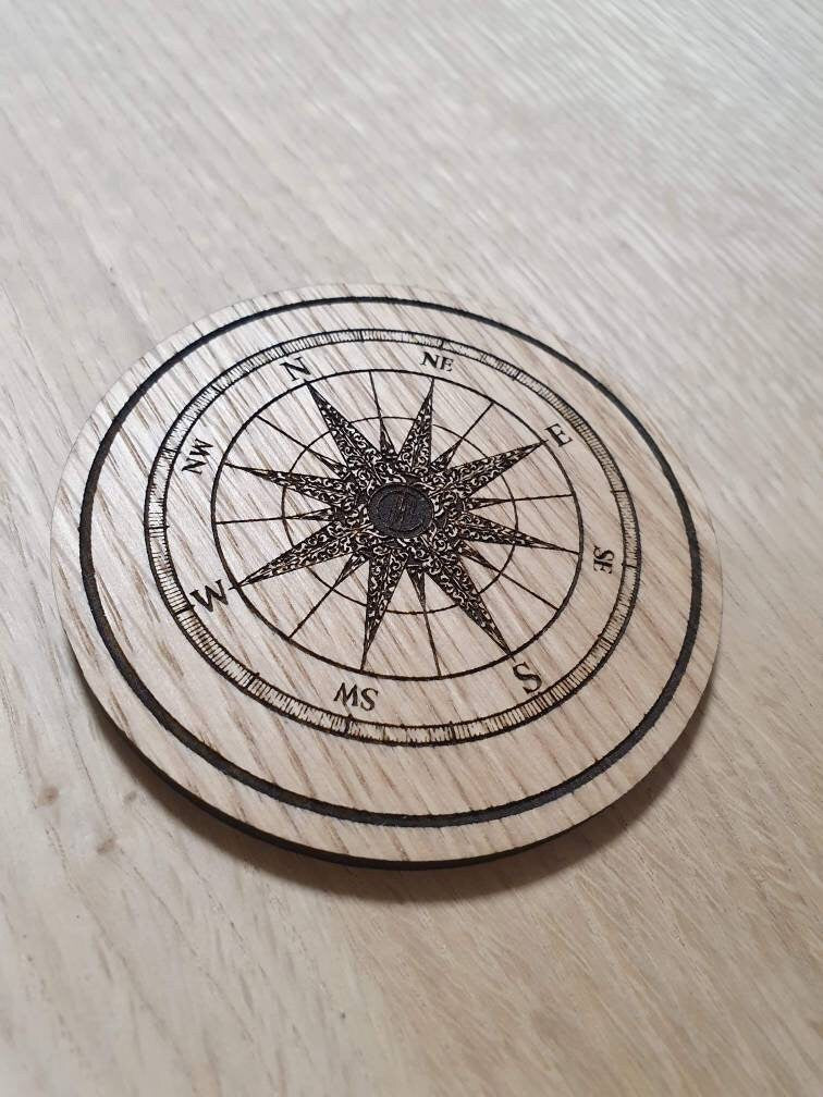 Laser cut wooden coaster personalised. Compass