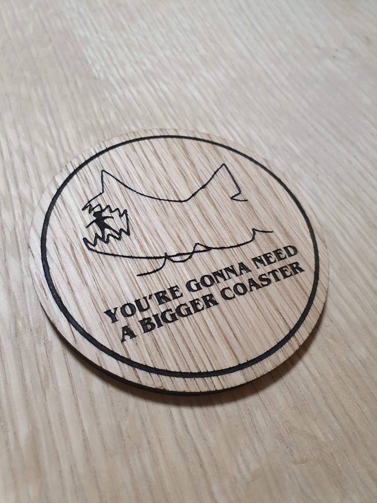 Laser cut wooden coaster personalised. Jaws coaster pun