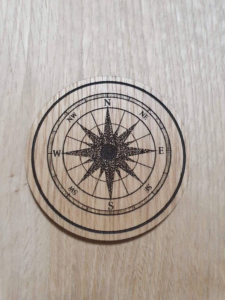 Laser cut wooden coaster personalised. Compass