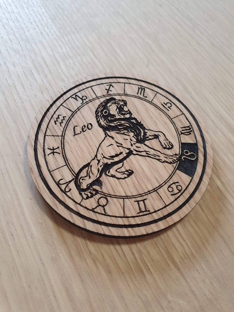 Laser cut wooden coaster personalised. Signs of the zodiac Leo star sign