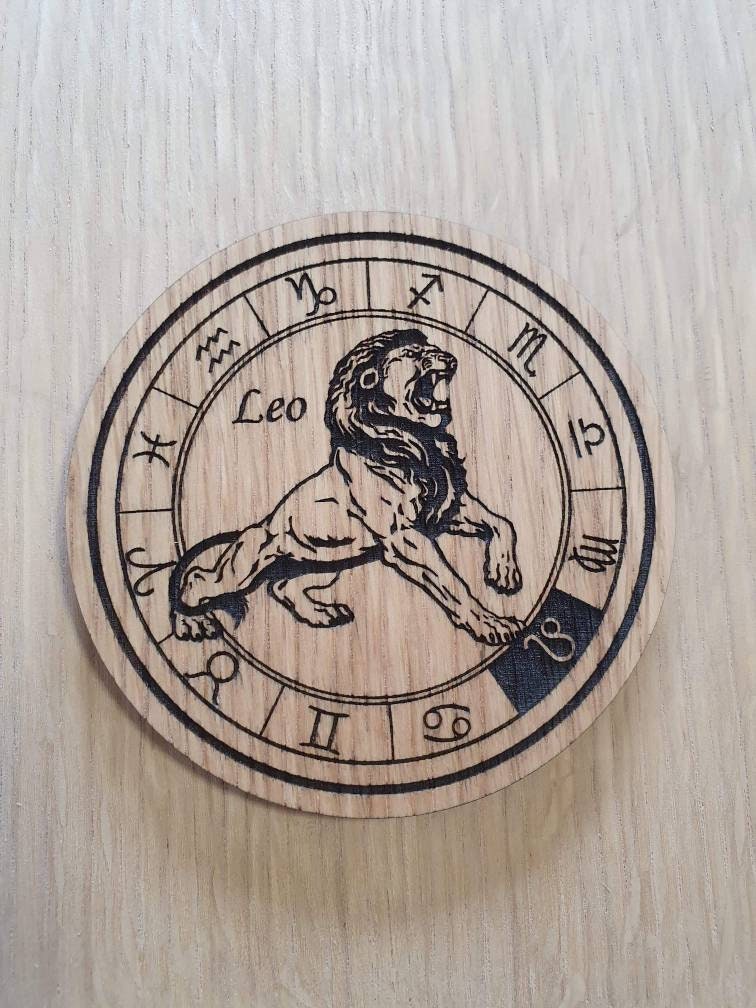 Laser cut wooden coaster personalised. Signs of the zodiac Leo star sign