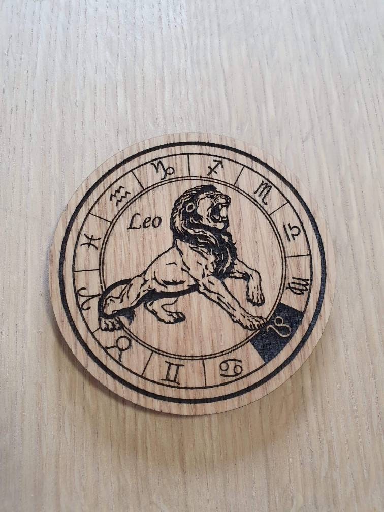 Laser cut wooden coaster personalised. Signs of the zodiac Leo star sign
