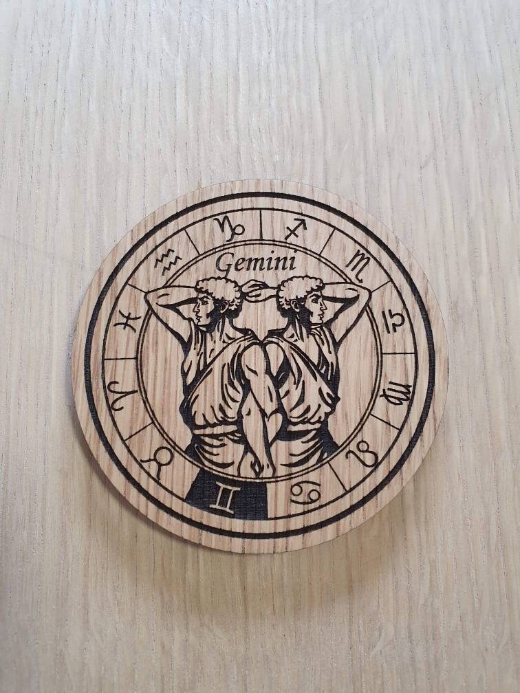 Laser cut wooden coaster personalised. Signs of the zodiac gemini star sign
