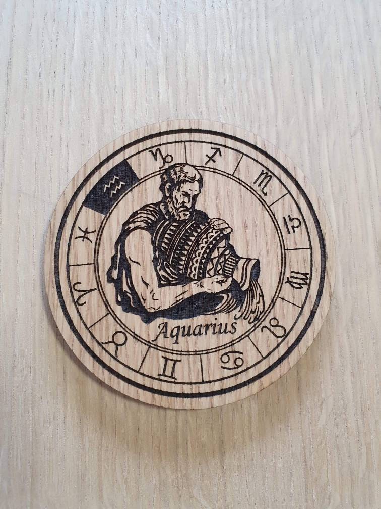 Laser cut wooden coaster personalised. Signs of the zodiac aquarius star sign