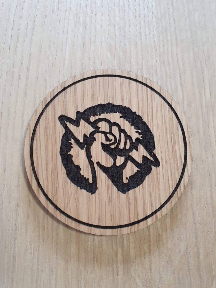 Laser cut wooden coaster personalised. vigor shock jockey