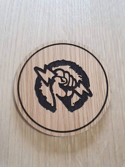 Laser cut wooden coaster personalised. vigor shock jockey