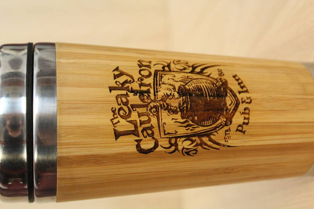Lasercut Travel Mug personalised - S-Steel with 100% Bamboo exterior - Leaky cauldron
